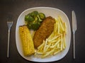 Home made fish and chips, sweetcorn, broccoli