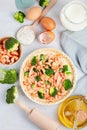 Home made french tart quiche with crayfish and broccoli filled with cream and eggs Royalty Free Stock Photo