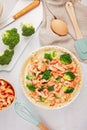 Home made french tart quiche with crayfish and broccoli filled with cream and eggs Royalty Free Stock Photo