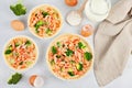 Home made french tart quiche with crayfish and broccoli filled with cream and eggs Royalty Free Stock Photo