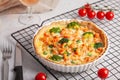 Home made french tart quiche with crayfish and broccoli filled with cream and eggs Royalty Free Stock Photo