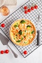 Home made french tart quiche with crayfish and broccoli filled with cream and eggs Royalty Free Stock Photo