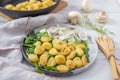Home made gnocchi with mushrooms and arugula salad Royalty Free Stock Photo