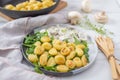 Home made gnocchi with mushrooms and arugula salad Royalty Free Stock Photo