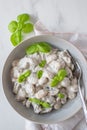 Home made gnocchi with mushrooms and arugula Royalty Free Stock Photo