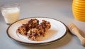 Home made healthy cereal bars.in kitchen with glass of milk  honey pot ,& drizzler, Stuck at home Royalty Free Stock Photo