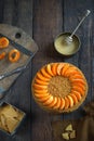 Home made honey cake with apricots on a wooden dark background Royalty Free Stock Photo