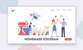 Home Made Icecream Popsicle Landing Page Template. Tiny Characters Cooking Homemade Ice Cream Using Huge Mixer and Molds