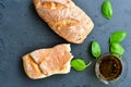 Home made italian ciabatta bread, olive oil and parmesan cheese Royalty Free Stock Photo