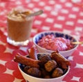 Home made meatballs, sausage and mustard on the Christmas table Royalty Free Stock Photo