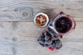 Home made mulberry jam and fresh mulberry on wood background, Healthy eating and very useful