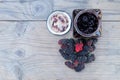 Home made mulberry jam and fresh mulberry on wood background, Healthy eating and very useful