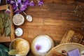 Home made natural cosmetics background, fruit and lavender handmade artisan soap Royalty Free Stock Photo