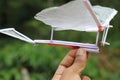 Home made ornithopter which resembles birds wings flying concept. Flying bird power by rubber band