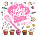 Home made pastry shop cafe logo design label, emblem. Hand drawn vector