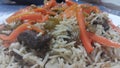 Home made pulav with beef, carrot and dried grapes or raisin