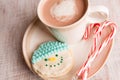 Home made snowman cookie and hot chocolate Royalty Free Stock Photo