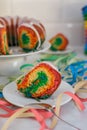 Home made sweet rainbow sponge cake