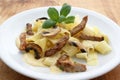 Home made tagliatelle with pork slices Royalty Free Stock Photo