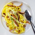 Home-made tagliatelle with turkey, mushrooms and truffle sauce