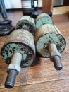 Home made two green old ragged dumbbells Royalty Free Stock Photo