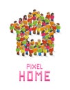 Home made up of isometric pixel art people