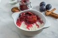 Vanilla milk rice with plum compote