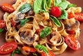 Home made vegan pasta with mushrooms, tomatoes, basil, peppers and aubergines - served on plate at wooden table background; close Royalty Free Stock Photo