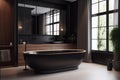 modern marble home luxury bathroom interior bathtub black wood design furniture. Generative AI. Royalty Free Stock Photo