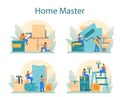 Home master concept set. Repairman applying finishing materials