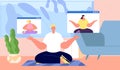 Home meditation. Man relax, online yoga wellness group. People together training, morning workout vector illustration