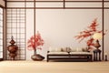 Home minimal interior design living room with Asia antique culture Chinese or Japan style, decorate with clean home furniture, and Royalty Free Stock Photo