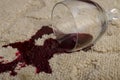 A glass of red wine fell on the carpet, wine spilled on the carpet Royalty Free Stock Photo