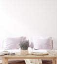 Home mock up with purple sofa and flowers, fresh spring living room interior