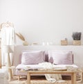 Home mock up with purple sofa and flowers, fresh spring living room interior