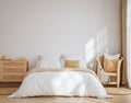 Home mockup, bedroom interior background with rattan furniture and blank wall, Coastal style Royalty Free Stock Photo