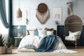 Home mockup coastal boho style bedroom created with Generative AI technology Royalty Free Stock Photo