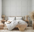 Home mockup, cozy bedroom interior in pastel colors