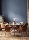 Home mockup, modern dark blue dining room interior with brown leather chairs, wooden table and decor Royalty Free Stock Photo