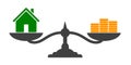 Home and money coins stack on scale icon. Property investment and house mortgage financial real estate concept - vector