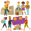 Home move people moving from house vector flat icons set Royalty Free Stock Photo
