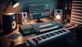 home music studio with wooden desk and monitor speakers, midi keyboards and interfaces,