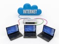 Home Network. Router and three laptops Royalty Free Stock Photo