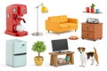 Home objects and pets 3D vector cartoon icons Royalty Free Stock Photo