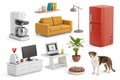 Home objects and pets 3D vector cartoon icons Royalty Free Stock Photo
