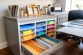 home office with color-coded filing system, paper and pens in place, and clean desk