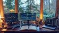 Trading Desk Setup Multiple Monitors Displaying Stock Charts Code, Notebook Open Royalty Free Stock Photo
