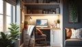 A home office with a computer on a table built into a piece of furniture and houseplants. Royalty Free Stock Photo