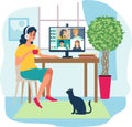 Home office concept, online communication woman working from home, student or freelancer. Cute vector illustration in