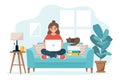 Home office concept, woman working from home sitting on a sofa, student or freelancer.